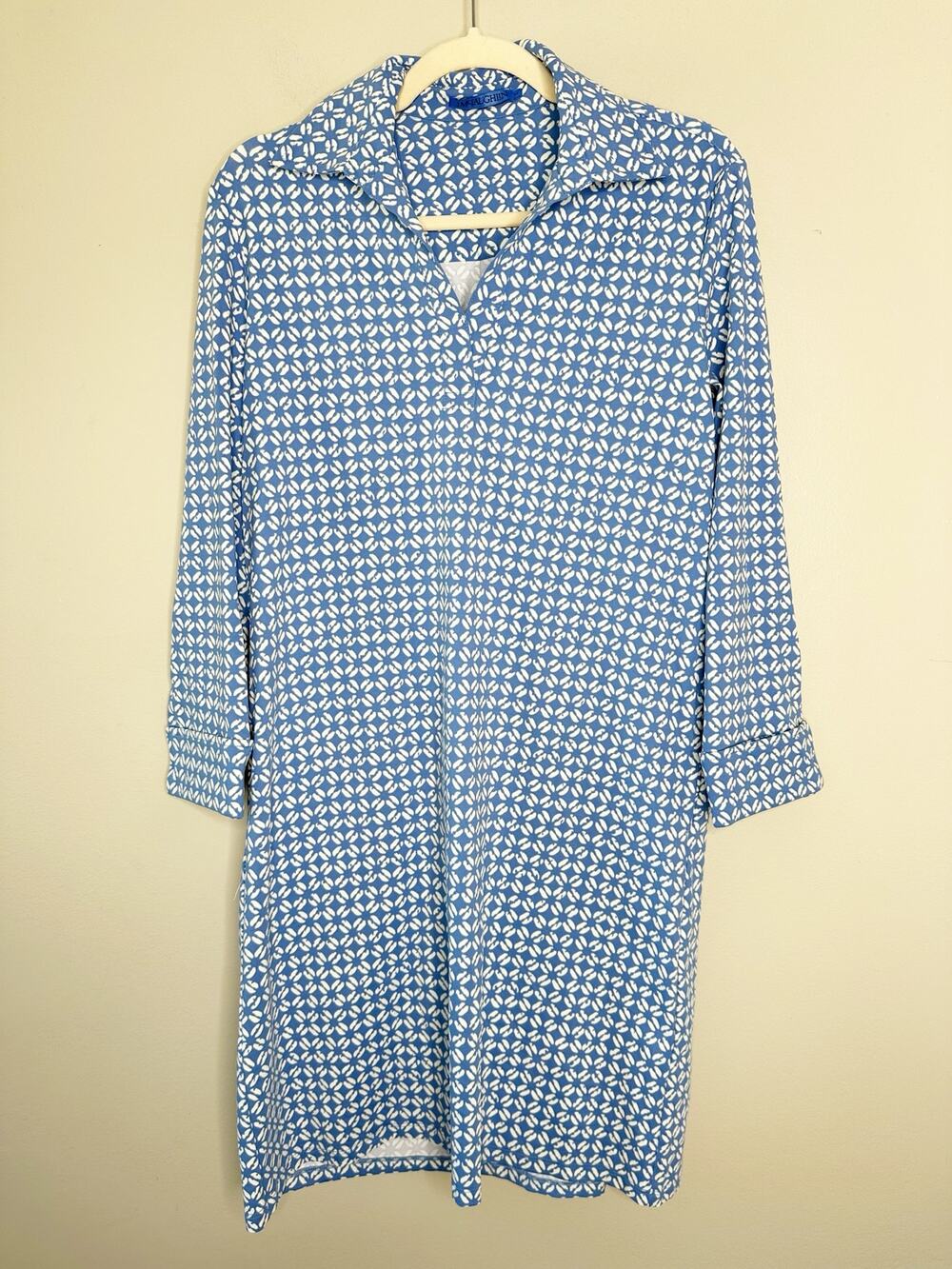 J McLaughlin Catalina Cloth Blue Geometric 3/4 Sleeve Collared Dress Medium